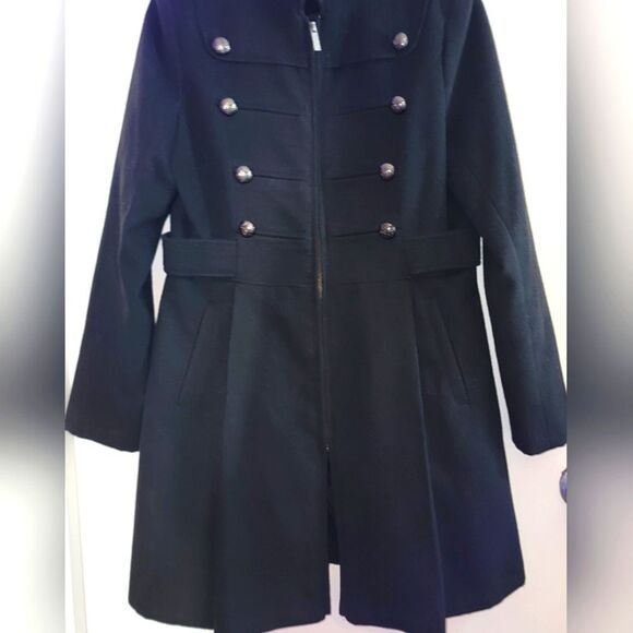Black Pea Coat - Wool Blend Double Breasted with Skirted Hem - Picture 1 of 8